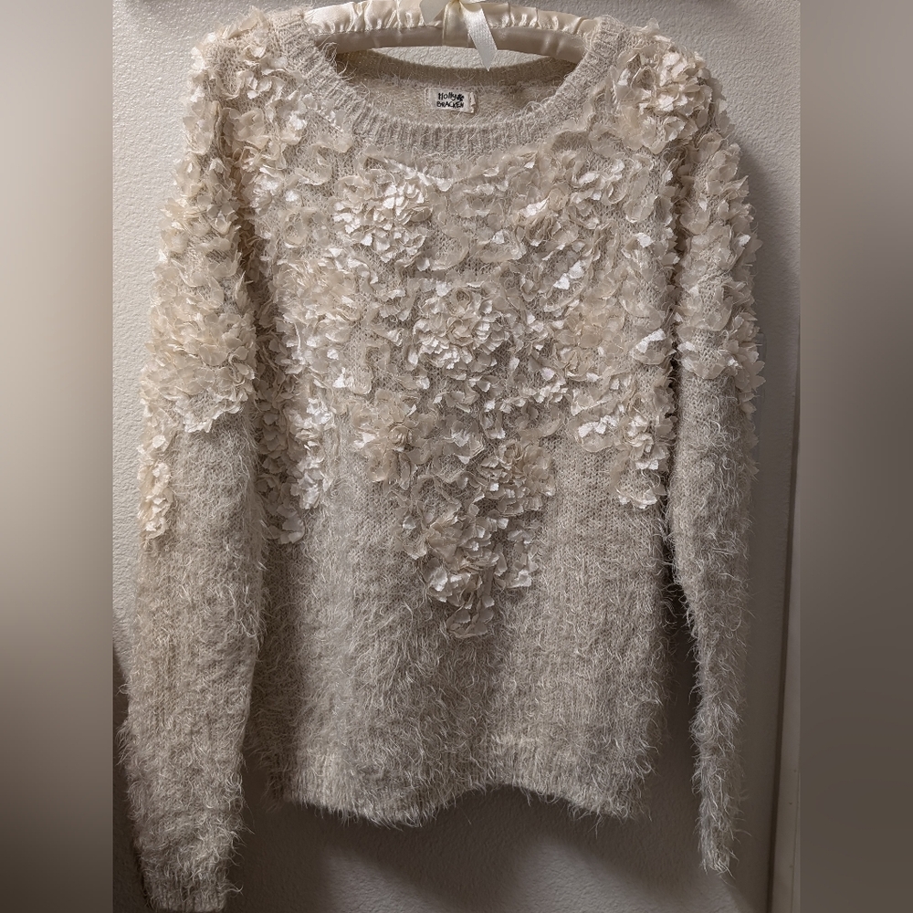 Fuzzy cream long sleeve sweater with floral appliques